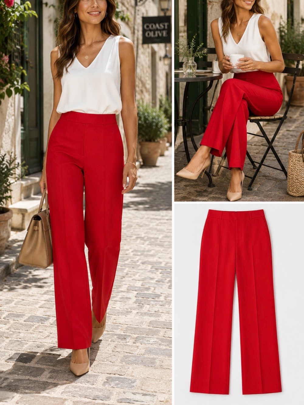 High-Waist Straight-Leg Pants in Red